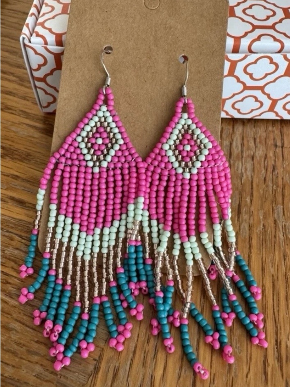 Plunder Pink, Teal & Cream Beaded Fringe Tassel Earrings